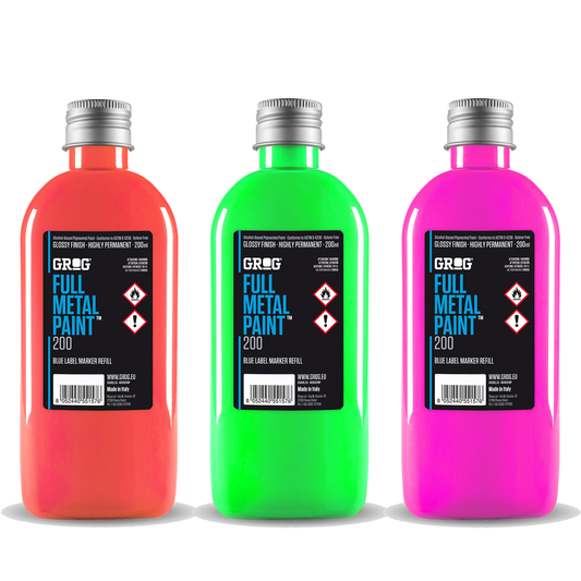 Encre de recharge peinture graffiti Grog Full Metal Paint couleurs orange vert et rose fluo